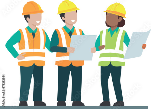 Group of construction workers reviewing blueprints and discussing project plans on site