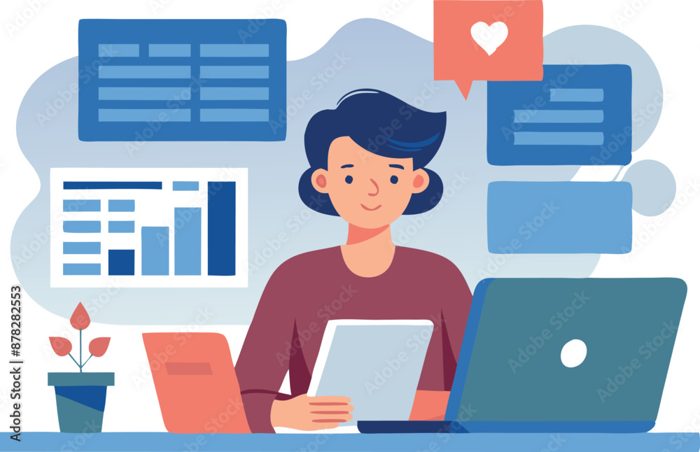 Illustration of a young professional working on multiple devices in a modern office setting