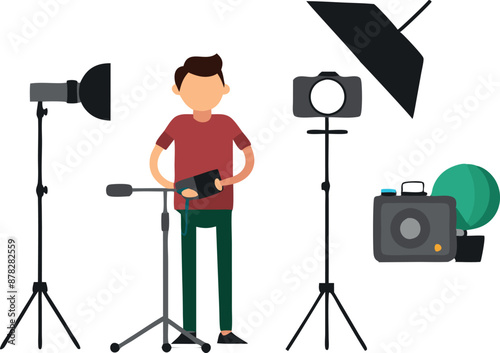 Illustration of a photographer in a studio with lighting equipment and camera setup