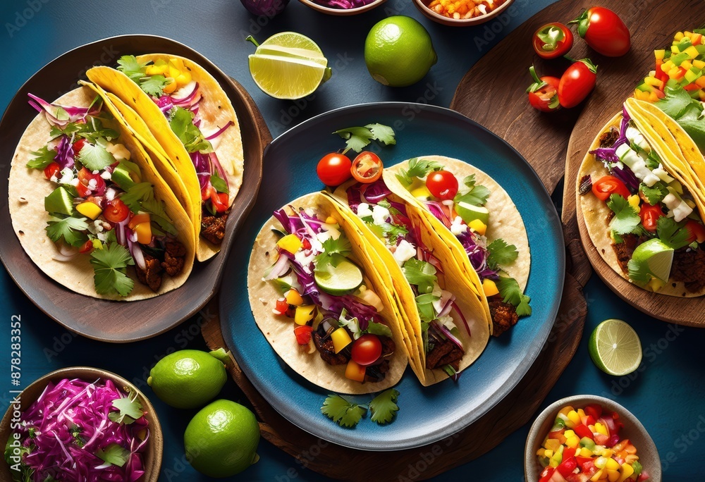 custom made wallpaper toronto digitalvibrant spicy taco trio fresh garnishes ready eat displayed, food, mexican, colorful, meal, appetizing, tasty, lunch, platter, savory, spices, ingredients