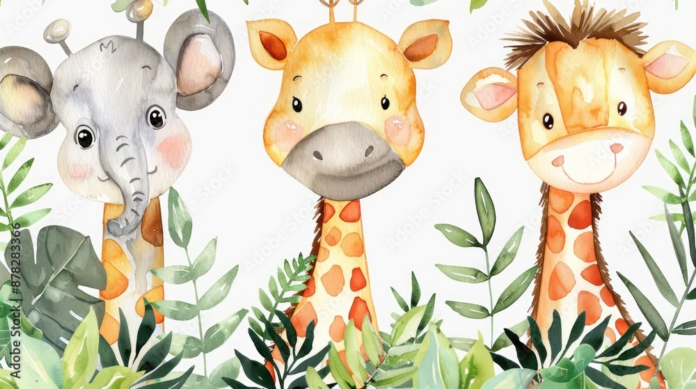 Obraz premium Cute watercolor animals: elephant, giraffe, and zebra in jungle.