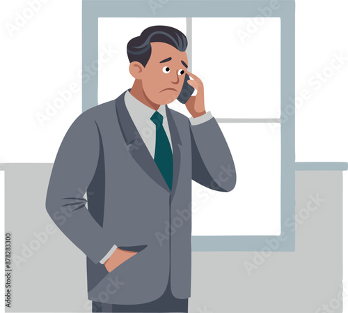 Worried businessman talking on phone in office. Stressful business call concept