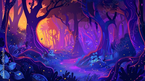 A vibrant illustration of a glowing forest, with a stream in the center and fireflies illuminating the scene.