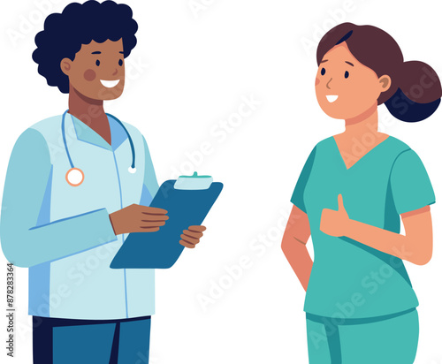 Cartoon illustration of doctor and nurse discussing a patient care plan in a hospital photo