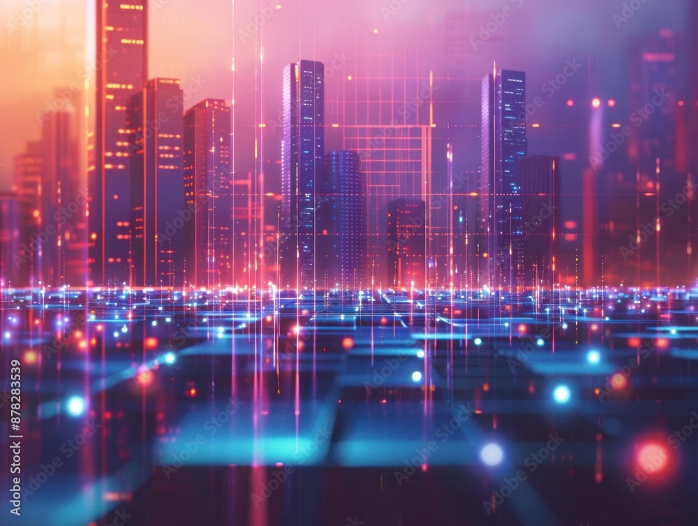 Obraz premium Cyber City - Digital Skyline with Neon Lights