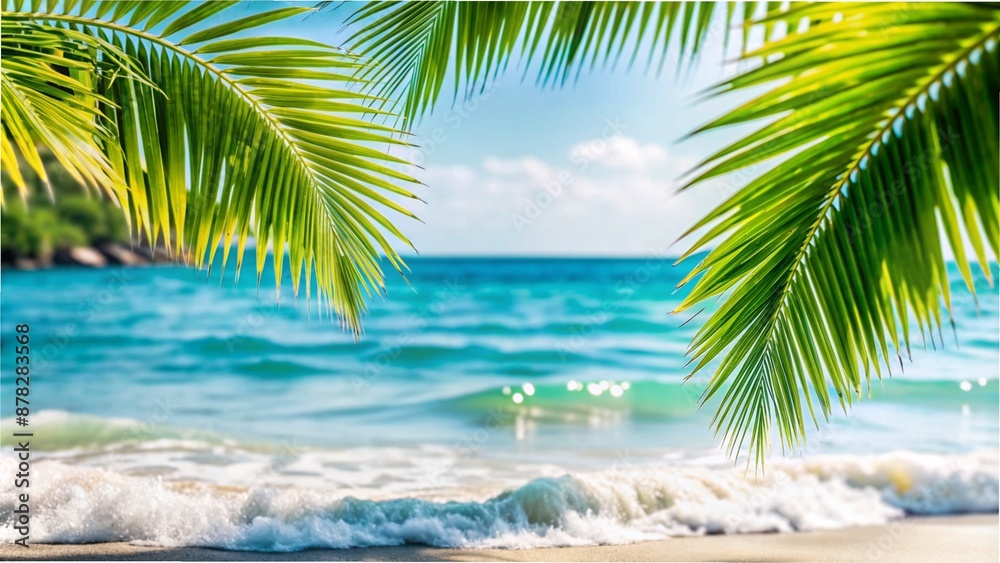 defocused tropical sand beach with blurred water wave and fresh green palm leaves in forground, beautiful background concept with product presentation space for travel relaxation vacation