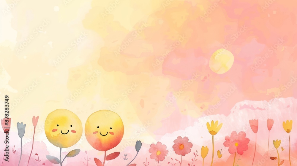 Cute smiley flowers in a colorful field at sunrise, abstract style. Cute smiley flowers in a colorful field at sunrise, abstract style.