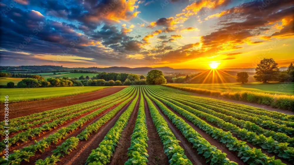 Vibrant rural farm landscape featuring lush green rows of crops bathed in warm golden light under a stunning colorful sunrise sky. Vibrant rural farm landscape featuring lush green rows of crops bathed in warm golden light under a stunning colorful sunrise sky.
