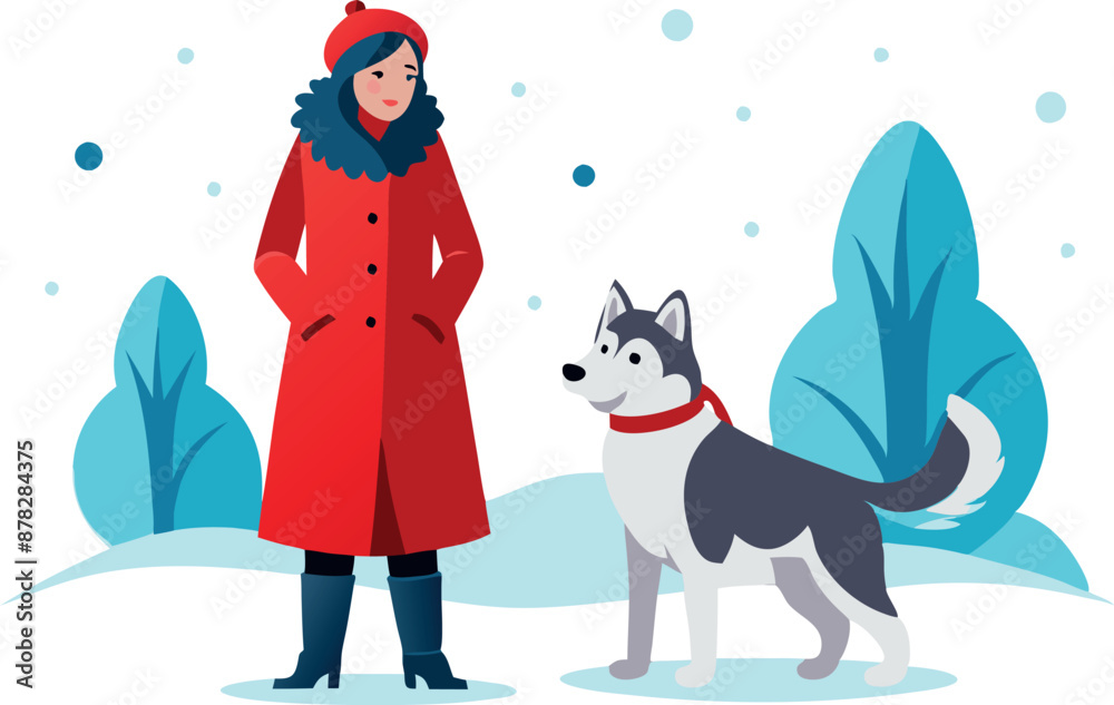 Naklejka premium Woman in red coat walking with husky dog in snowy winter landscape