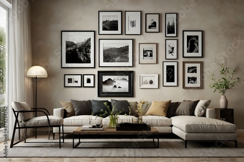 A beautiful living room interior featuring a gallery wall of assorted frames can be used as a wallpaper or abstract background.