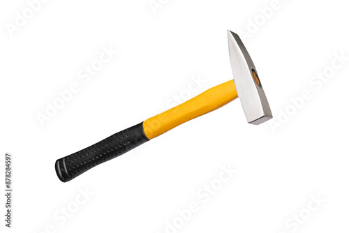  hammer with fiberglass handle isolated on white background , hammer is a hand tool to hit nails into a piece of wood or a wall .