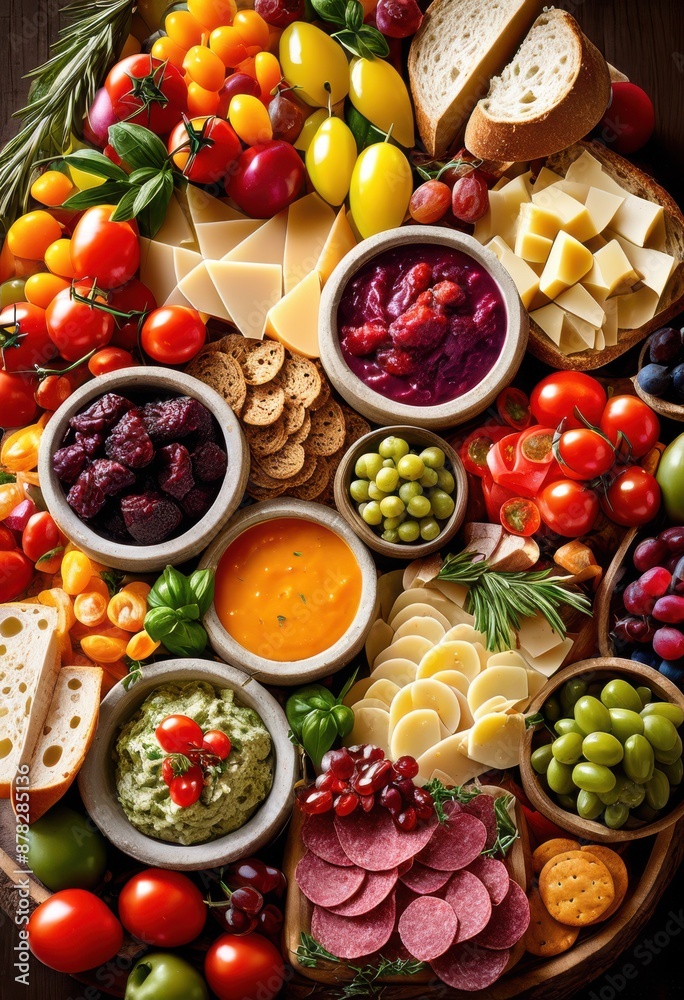 sumptuous antipasto display featuring various dips, platter, lavish, appetizers, assortment, gourmet, spread, selection, charcuterie, arrangement