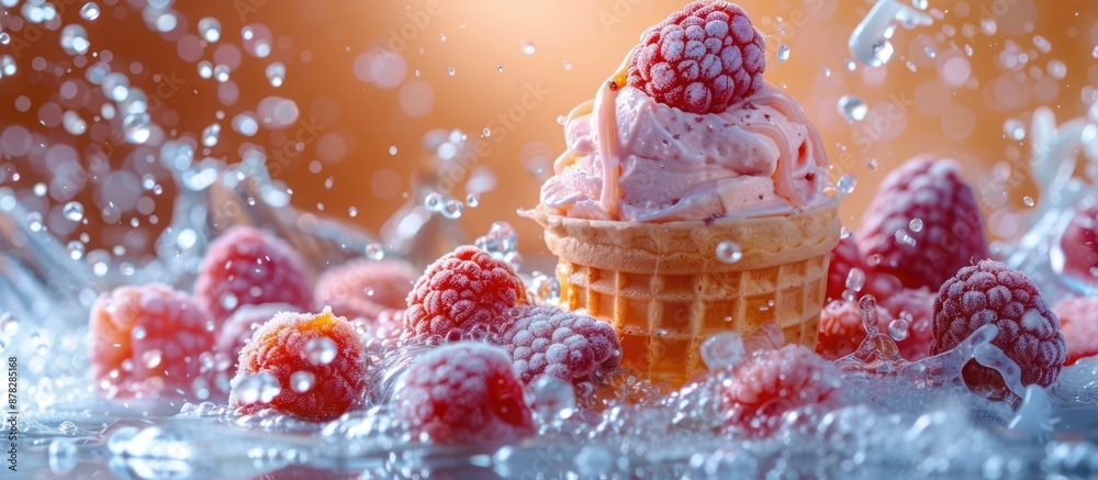 Frozen Raspberry Ice Cream Cone in a Splash of Water Frozen Raspberry Ice Cream Cone in a Splash of Water