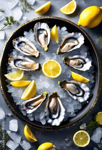 fresh oysters lemon seafood delicacy ice citrus twist, appetizer, gourmet, raw, cuisine, lemonade, chilled, refreshing, briny, oceanic, culinary, zest, platter photo