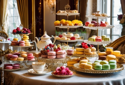 Wallpaper Mural extravagant high tea display assorted elegantly arranged tempting treats, buffet, cake, confectionery, dainty, delicacies, desserts, event, exquisite Torontodigital.ca