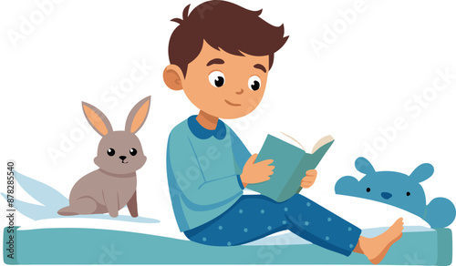 Illustration of a child reading a book with a rabbit on the bed