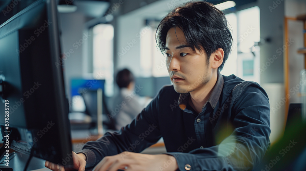 オフィスで働く日本の若手のビジネスマン オフィスで働く日本の若手のビジネスマン