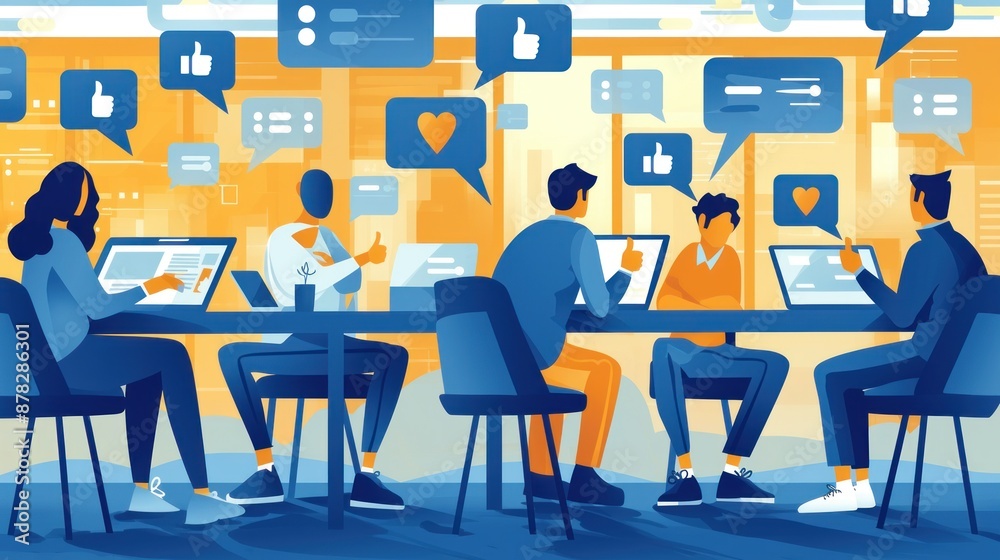 Colorful digital art of various people using communication smart phones accessing social media on their devices, sitting with various digital icons and logos floating around them Colorful digital art of various people using communication smart phones accessing social media on their devices, sitting with various digital icons and logos floating around them