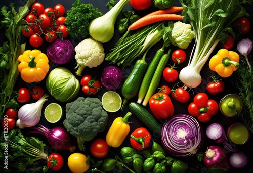 vibrant array fresh vegetables herbs, colorful, organic, produce, garden, ingredients, leafy, greens, red, yellow, purple, plants, aromatic, culinary