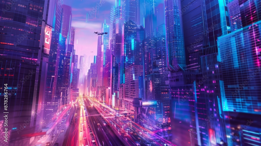futuristic digital hologram background that simulates a cityscape at dusk futuristic digital hologram background that simulates a cityscape at dusk