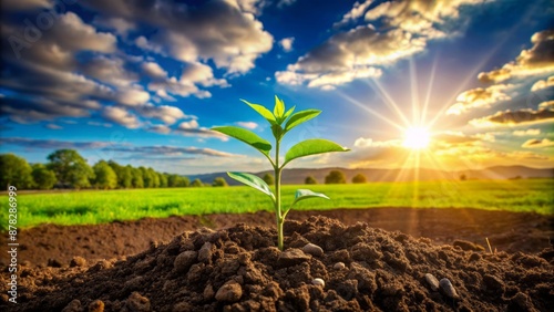 Wallpaper Mural Serene landscape of a lush green field with a single seedling being planted in the fertile soil under sunny skies. Torontodigital.ca