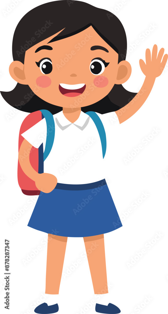 Fototapeta premium Illustration of happy schoolgirl waving with backpack and uniform