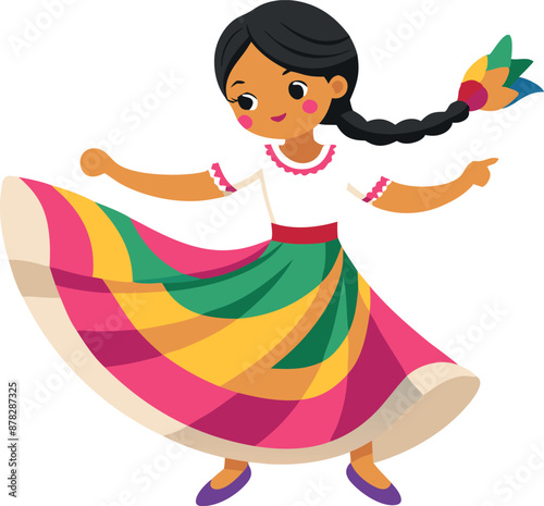 Illustration of a girl dancing in traditional costume with colorful dress and braided hair