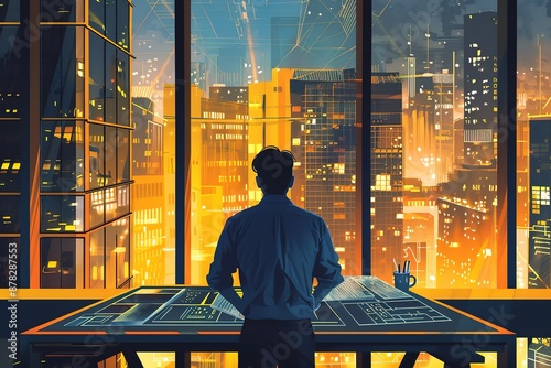 Man Looking at Cityscape From Office Window