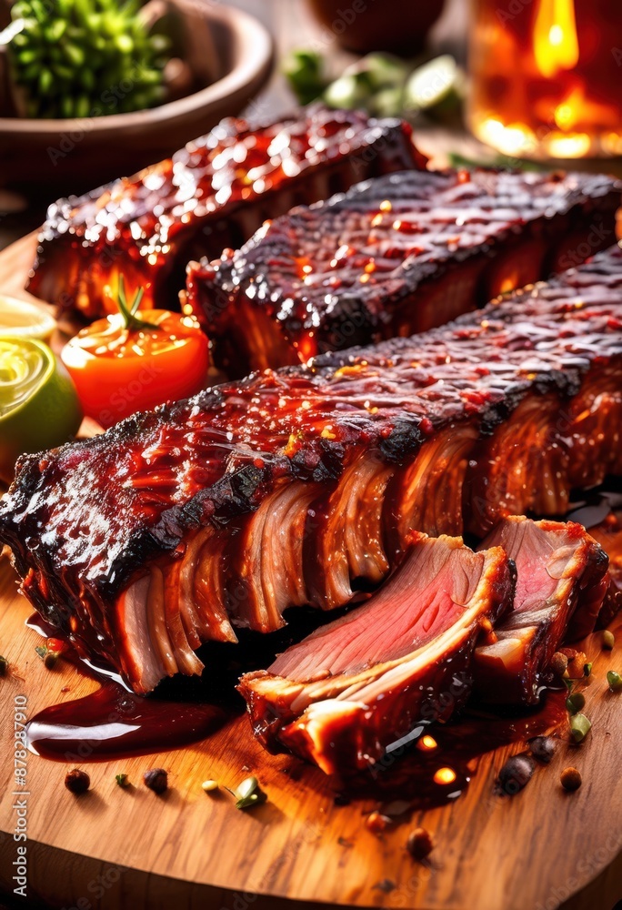 succulent barbecue ribs displayed rustic wooden board, grilled, meat, pork, sparerib, smoked, tender, flavorful, juicy, platter, presentation, savory, dish succulent barbecue ribs displayed rustic wooden board, grilled, meat, pork, sparerib, smoked, tender, flavorful, juicy, platter, presentation, savory, dish