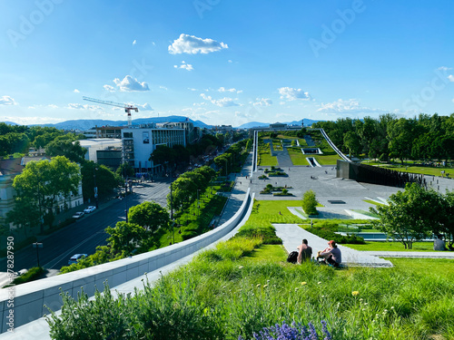 Landscape of Budapest's city park and Ethnographic Museum. 