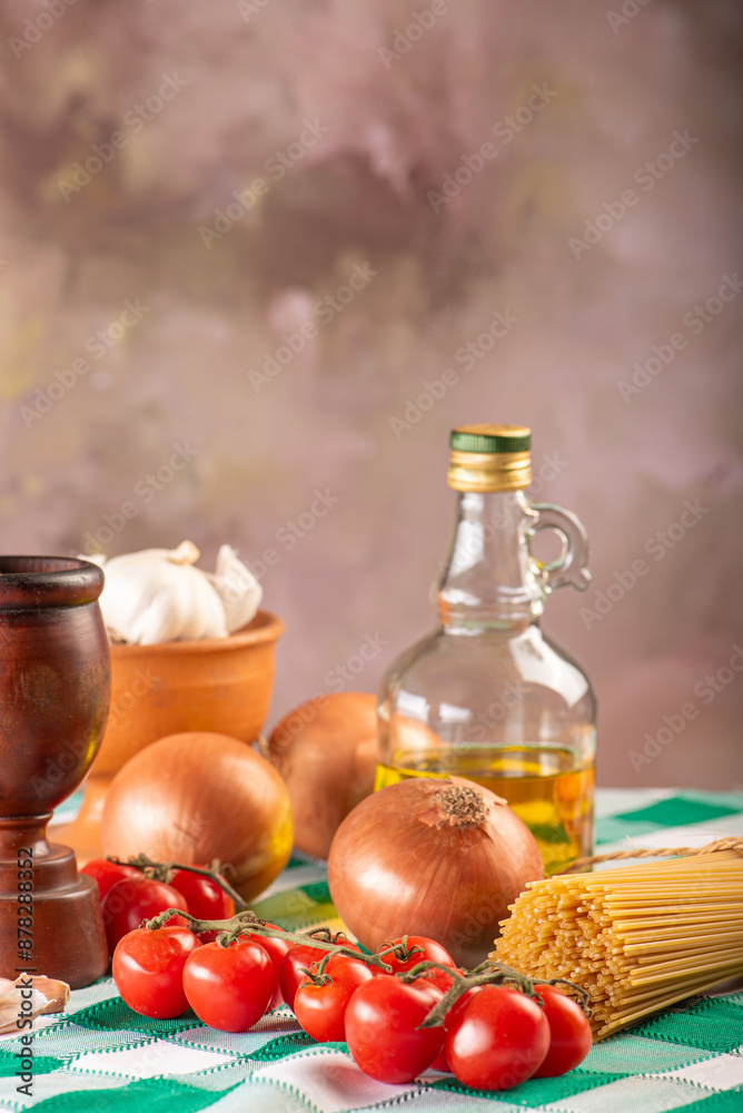 Pasta, table with pasta, ingredients and utensils, selective focus. Pasta, table with pasta, ingredients and utensils, selective focus.