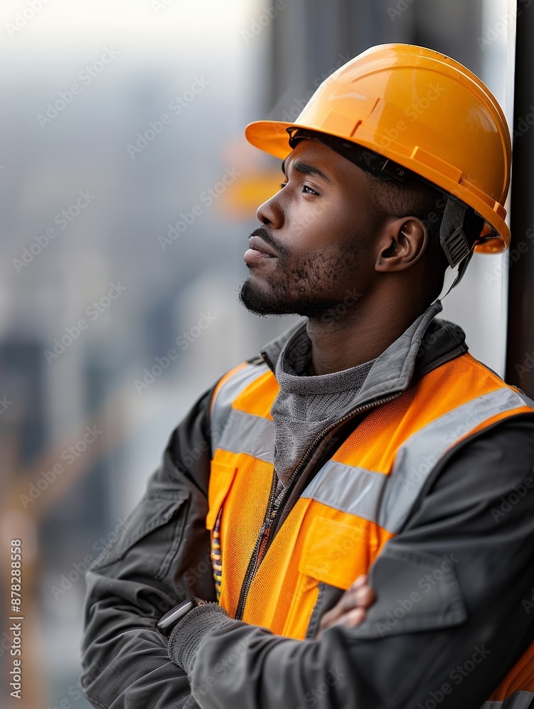 Construction worker in safety gear looks out from a high-rise building site, reflective expression, wearing a hard hat and hi-vis vest. Construction worker in safety gear looks out from a high-rise building site, reflective expression, wearing a hard hat and hi-vis vest.