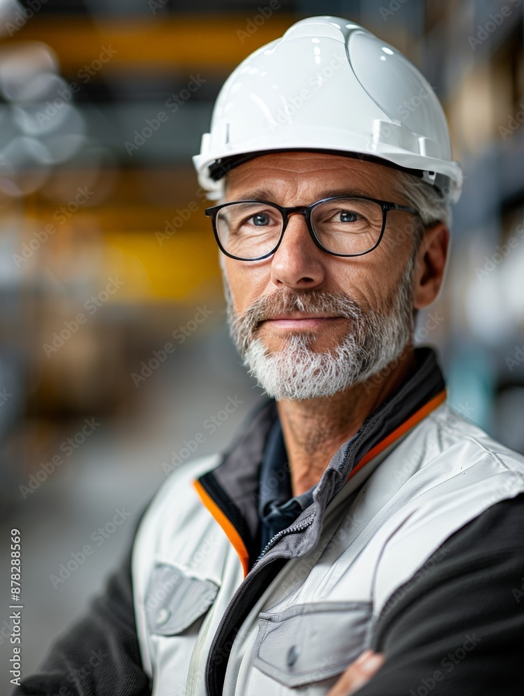 Confident engineer with glasses and a white helmet in a warehouse, representing leadership and expertise in an industrial setting. Confident engineer with glasses and a white helmet in a warehouse, representing leadership and expertise in an industrial setting.
