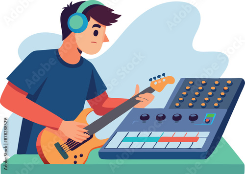 Young musician playing guitar and using music mixer with headphones on