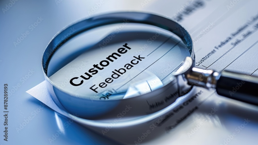 Magnifying glass hovering over customer feedback form Magnifying glass hovering over customer feedback form