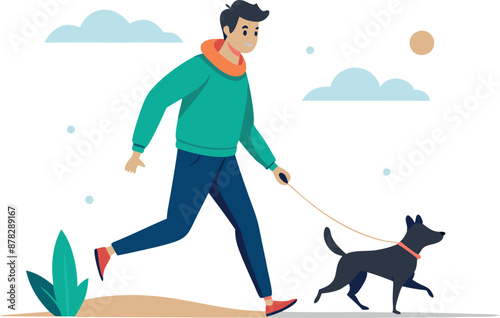 Illustration of a man walking his dog outdoors on a sunny day