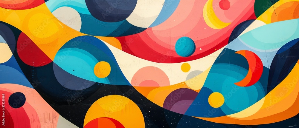 A colorful painting of a galaxy with many different colored circles
