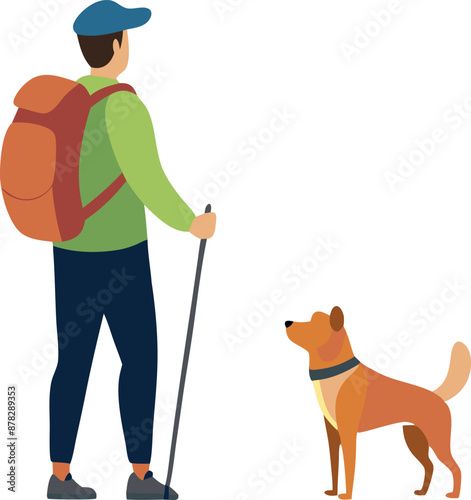 Man hiking with dog, carrying backpack and hiking stick, isolated vector illustration