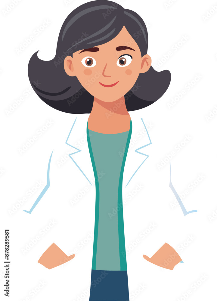 Illustration of confident female doctor in white coat looking forward with hands in pockets Illustration of confident female doctor in white coat looking forward with hands in pockets