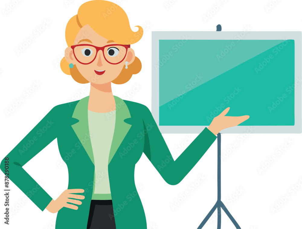Businesswoman cartoon character presenting information with blank whiteboard Businesswoman cartoon character presenting information with blank whiteboard