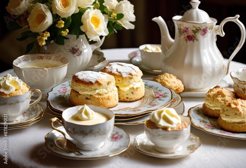 Wallpaper Mural elegant scones clotted cream displayed table setting, pastry, teatime, delicious, traditional, british, baked, dessert, fancy, snack, afternoon, treat Torontodigital.ca