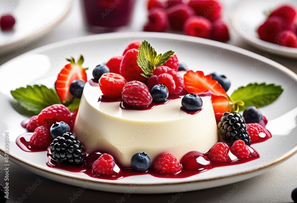 elegant panna cotta garnished berries white plate, dessert, creamy, italian, sweet, delicious, vanilla, gourmet, culinary, food, cuisine, fancy, stylish elegant panna cotta garnished berries white plate, dessert, creamy, italian, sweet, delicious, vanilla, gourmet, culinary, food, cuisine, fancy, stylish