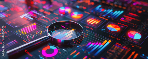 Magnifying glass enlarging colorful data charts and graphs
