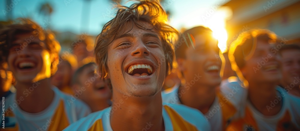 Obraz premium Group of Young Friends Laughing at Sunset
