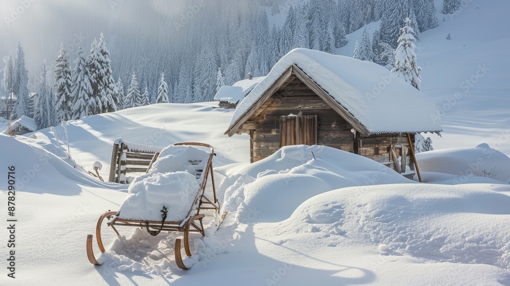 Snow-covered cabin and sled in alpine winter landscape Snow-covered cabin and sled in alpine winter landscape