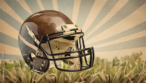 A vintage football helmet on a grassy field.