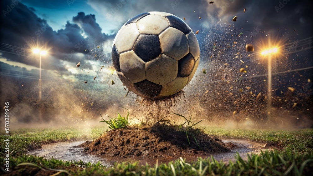Fototapeta premium Muddy grass beneath a soccer ball in mid-air, suspended by an invisible foot, conveying intense professional sports action atmosphere.