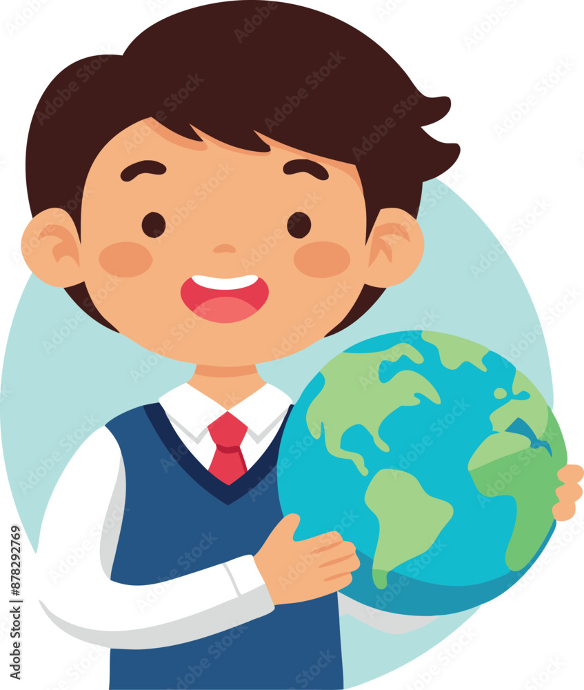 Happy boy holding a globe illustration for global education, environmental awareness, and learning Happy boy holding a globe illustration for global education, environmental awareness, and learning