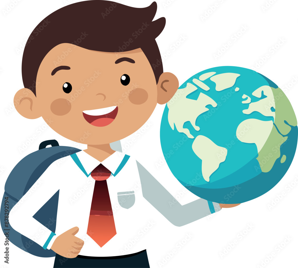 Happy schoolboy with backpack holding globe, representing global education and knowledge Happy schoolboy with backpack holding globe, representing global education and knowledge