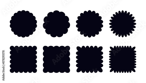 Round and square shapes with scallop edges set. Wavy borders sticker templates.